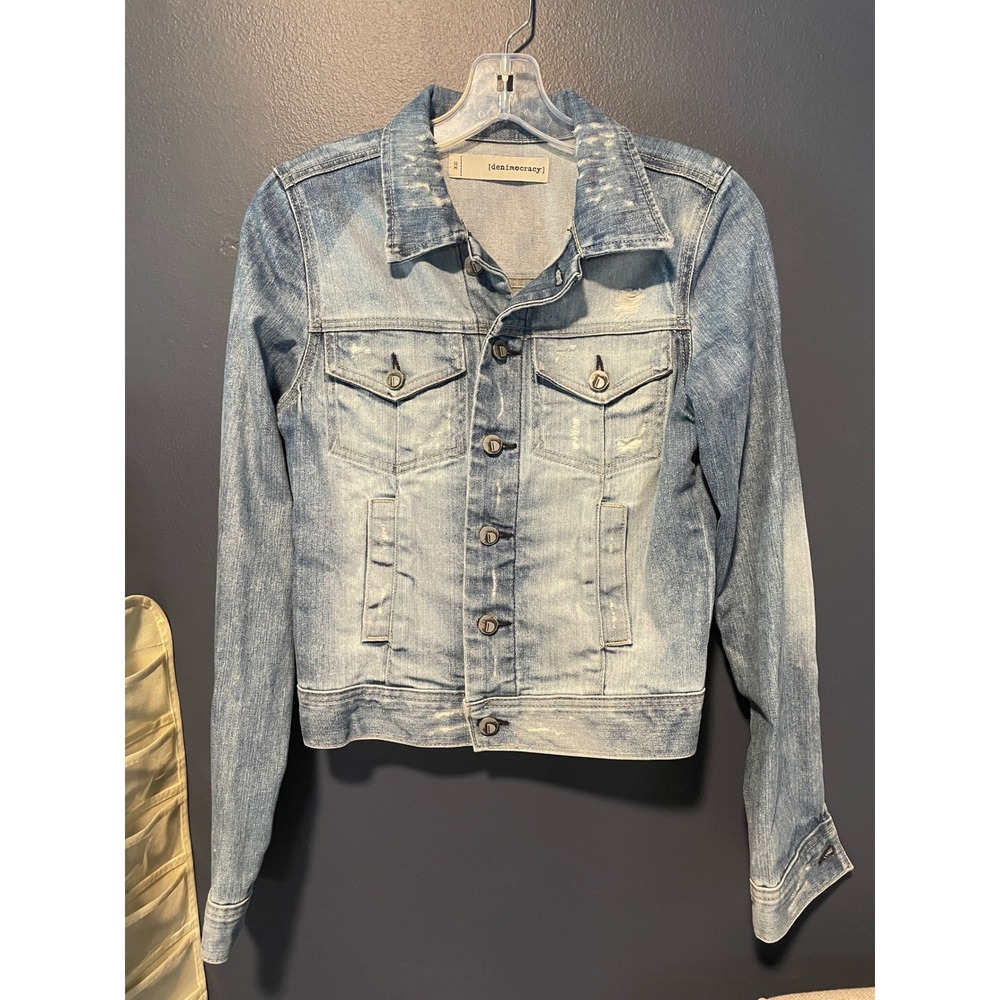 Denimocracy Womens Light Wash Distressed Denim Trucker Jacket Made in USA XS